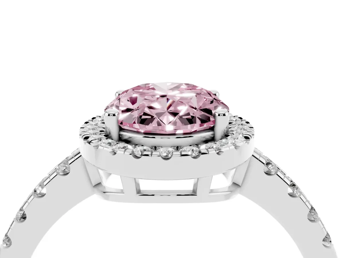 Fancy Pink Oval Cut Diamond Halo Ring with Pavé Band and Four-Prong Setting Platinum
