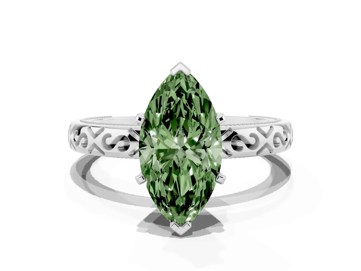 Fancy Green Marquise Cut Solitaire Engagement Ring with Scrollwork Band and Four-Prong Setting Silver