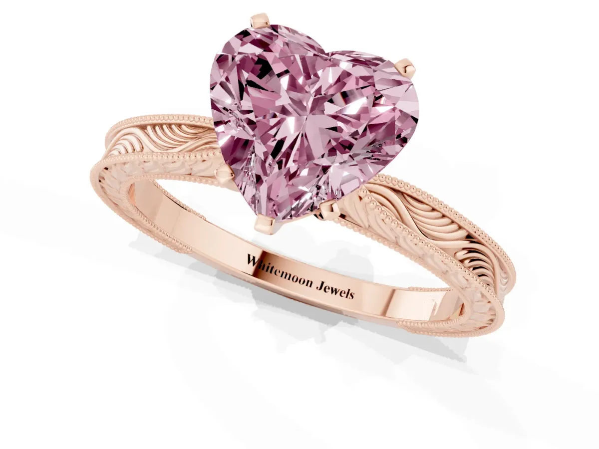 Fancy Pink Heart Cut Solitaire Milgrain Engraved Band with Four-Prong Setting Rose gold
