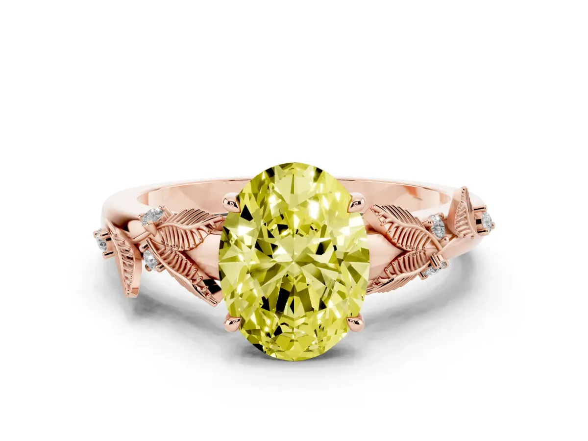 Fancy Yellow Oval Cut Diamond Solitaire Ring with Leaf Motif Band and Four-Prong Setting Rose gold
