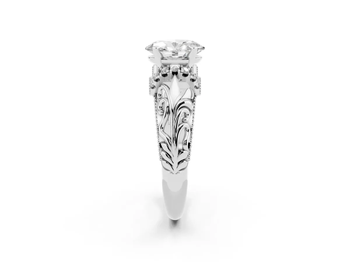 Oval Cut Solitaire Filigree Engagement Ring with Halo and Prong Setting Platinum