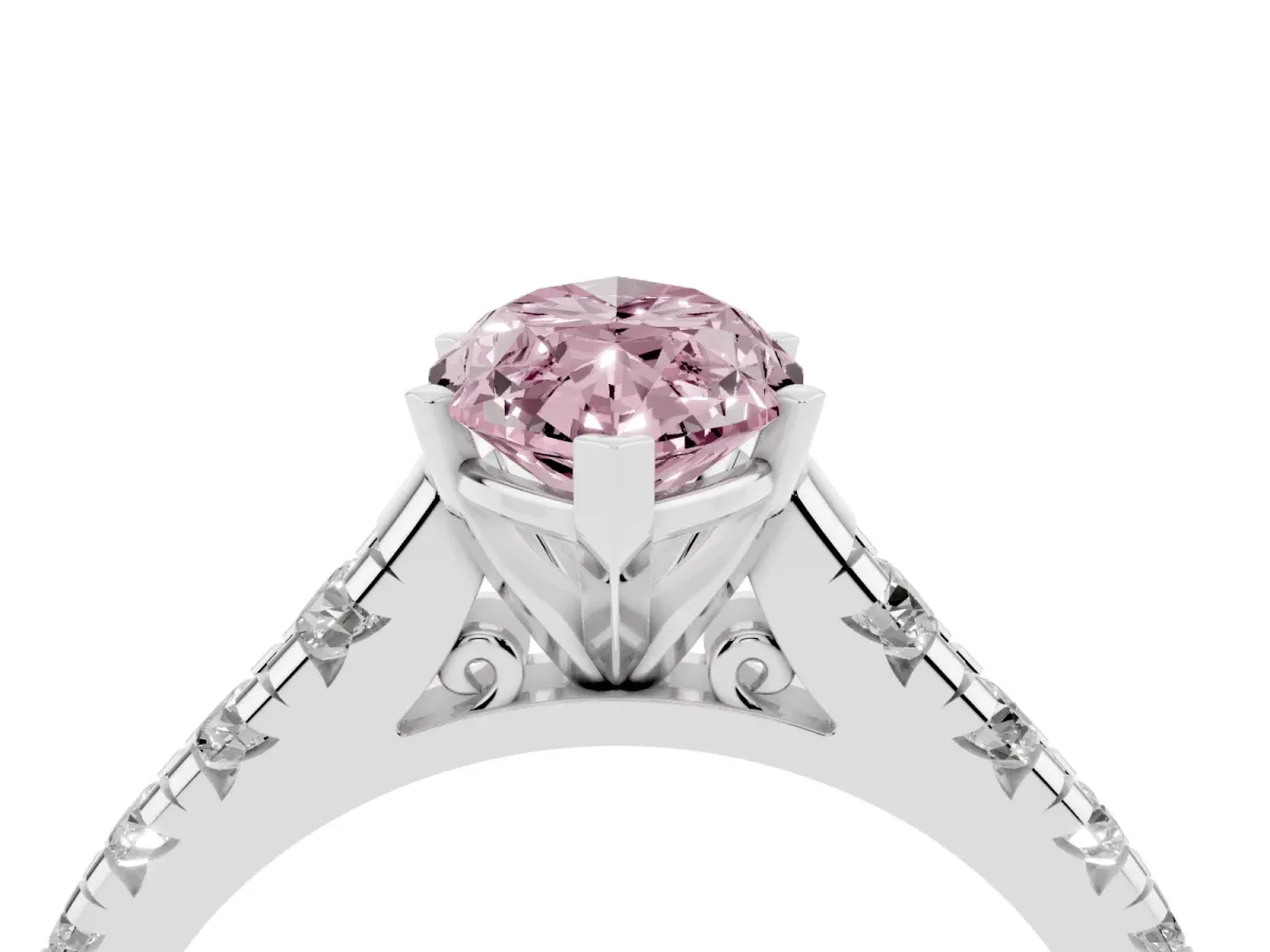 Fancy Pink Marquise Cut Diamond Cathedral Solitaire Ring with Round Pavé Band Silver
