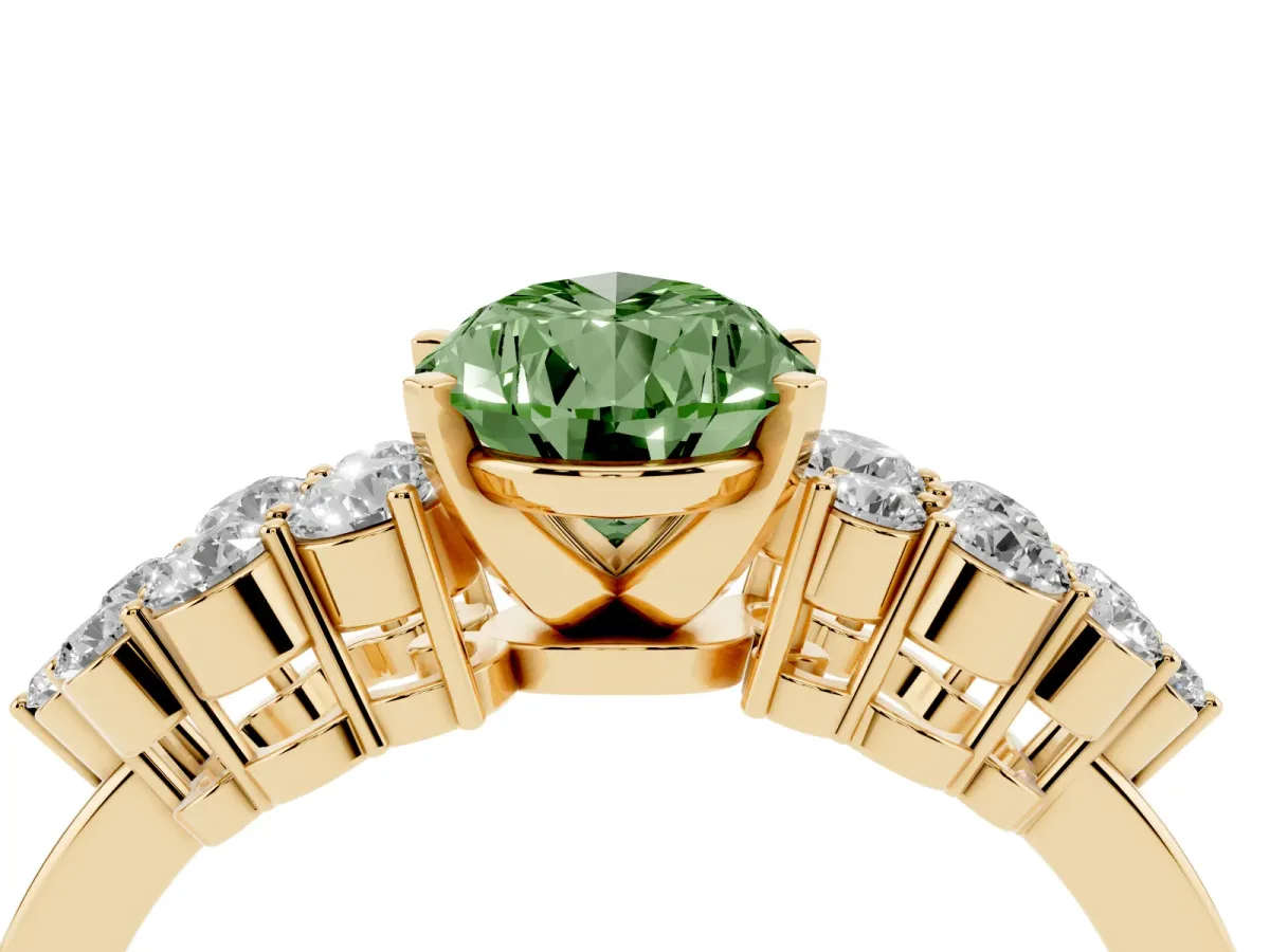 Fancy Green Pear Cut Cluster Diamond Engagement Ring with Pavé Band and Four-Prong Setting Yellow gold