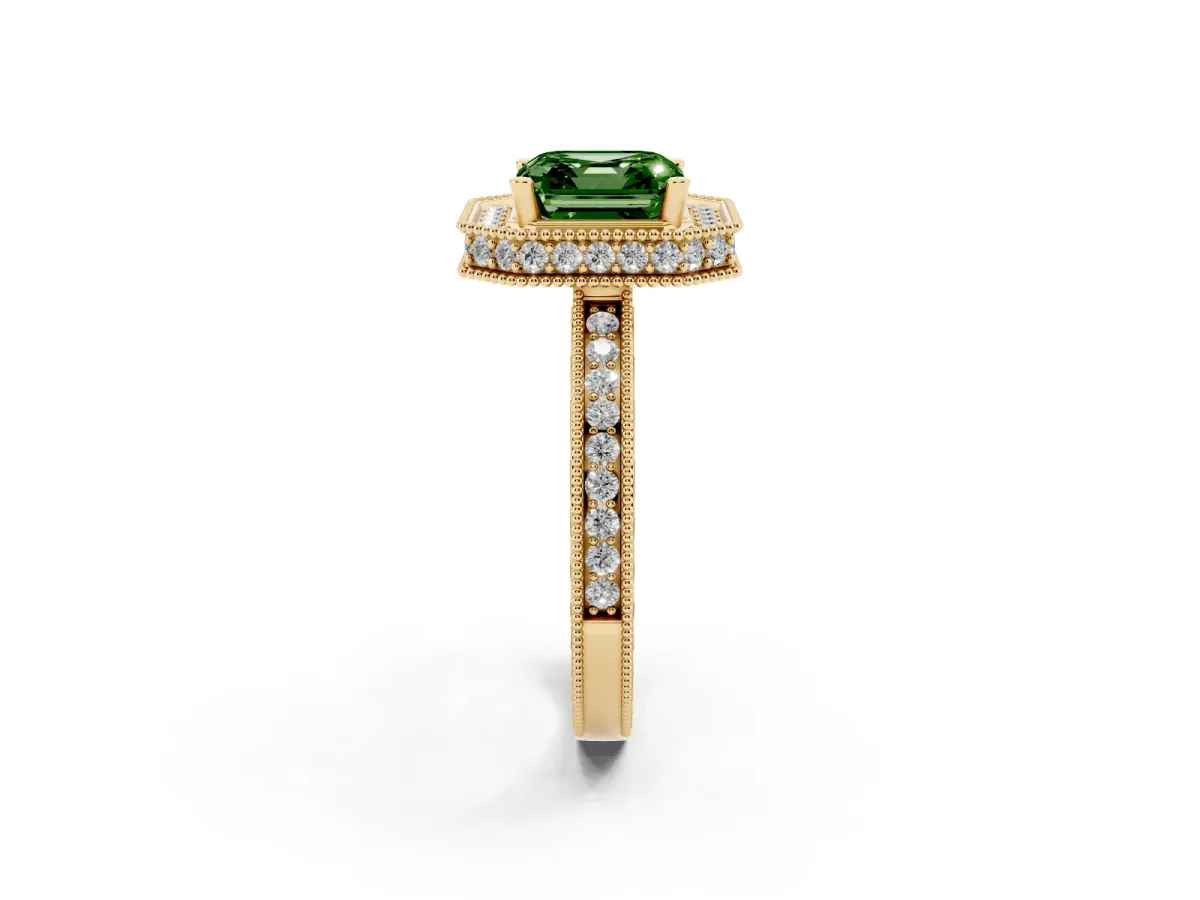 Fancy Green Asscher Cut Diamond Milgrain Halo Engagement Ring with Round Pavé Band and Prong Setting Yellow gold