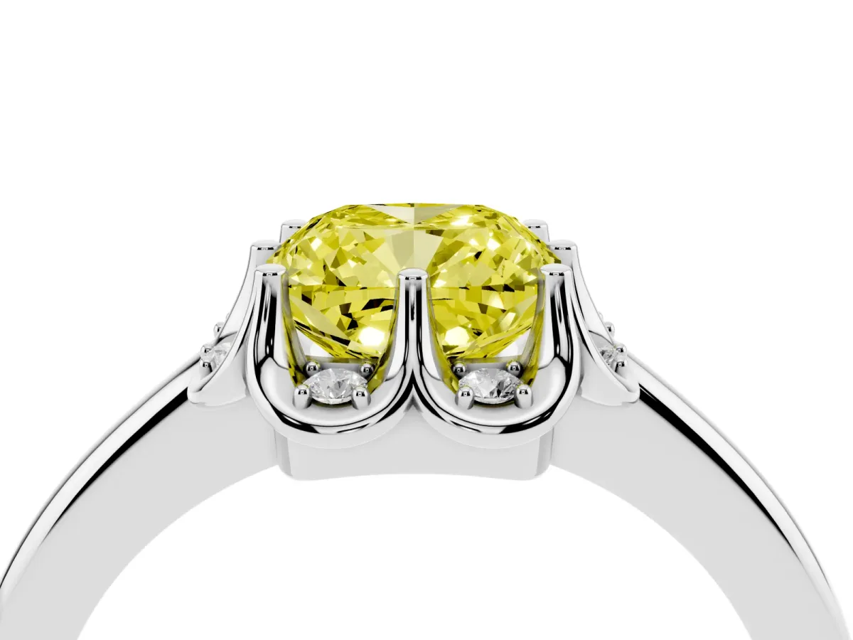 Fancy Yellow Cushion Cut Halo Diamond Ring with Round Cluster Setting, Solitaire Band, and Four-Prong Setting Platinum