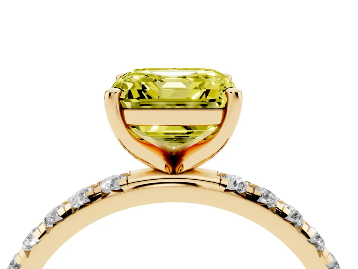Fancy Yellow Asscher Cut Cut Diamond Solitaire Ring with Micro Pave Band and Four Prong Setting Yellow gold