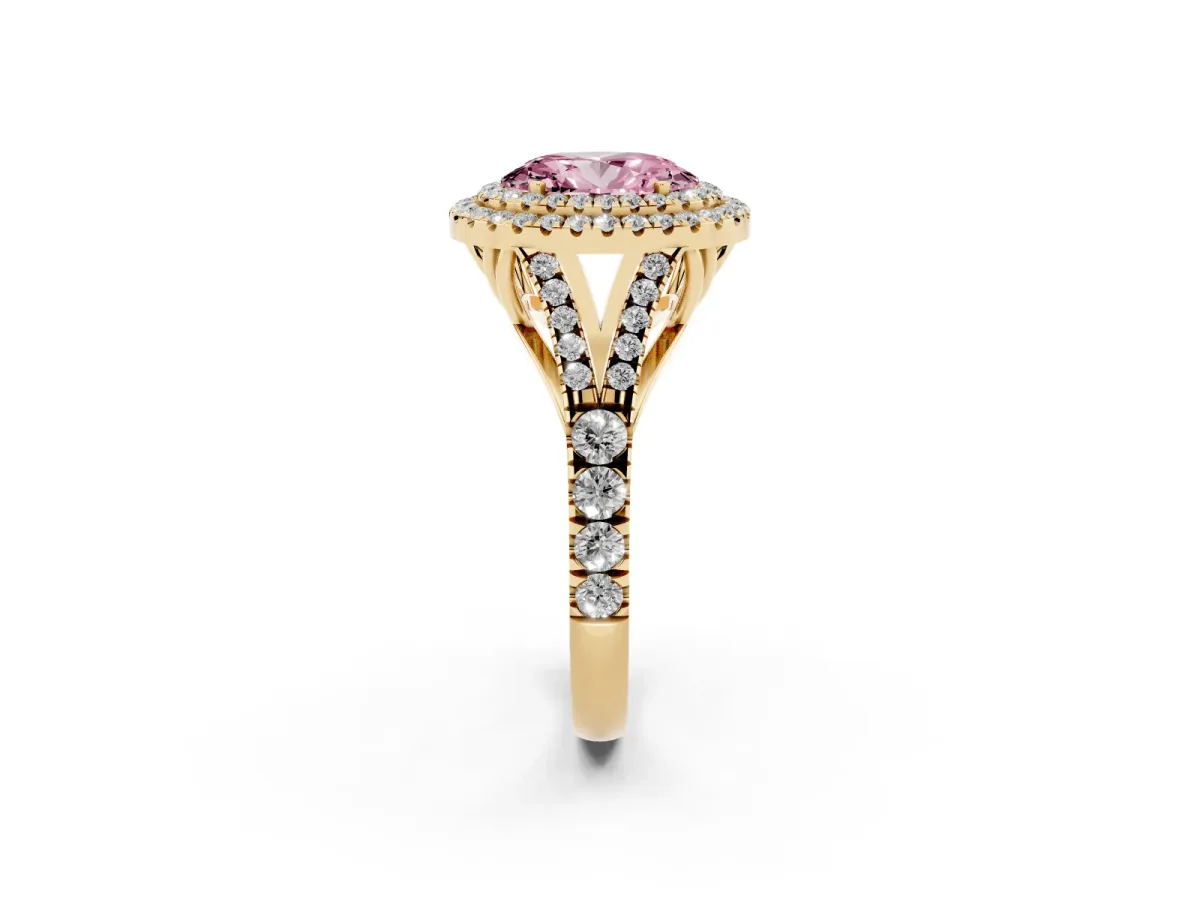 Fancy Pink Oval Cut Diamond Pavé Split Shank Double Halo Engagement Ring Yellow gold