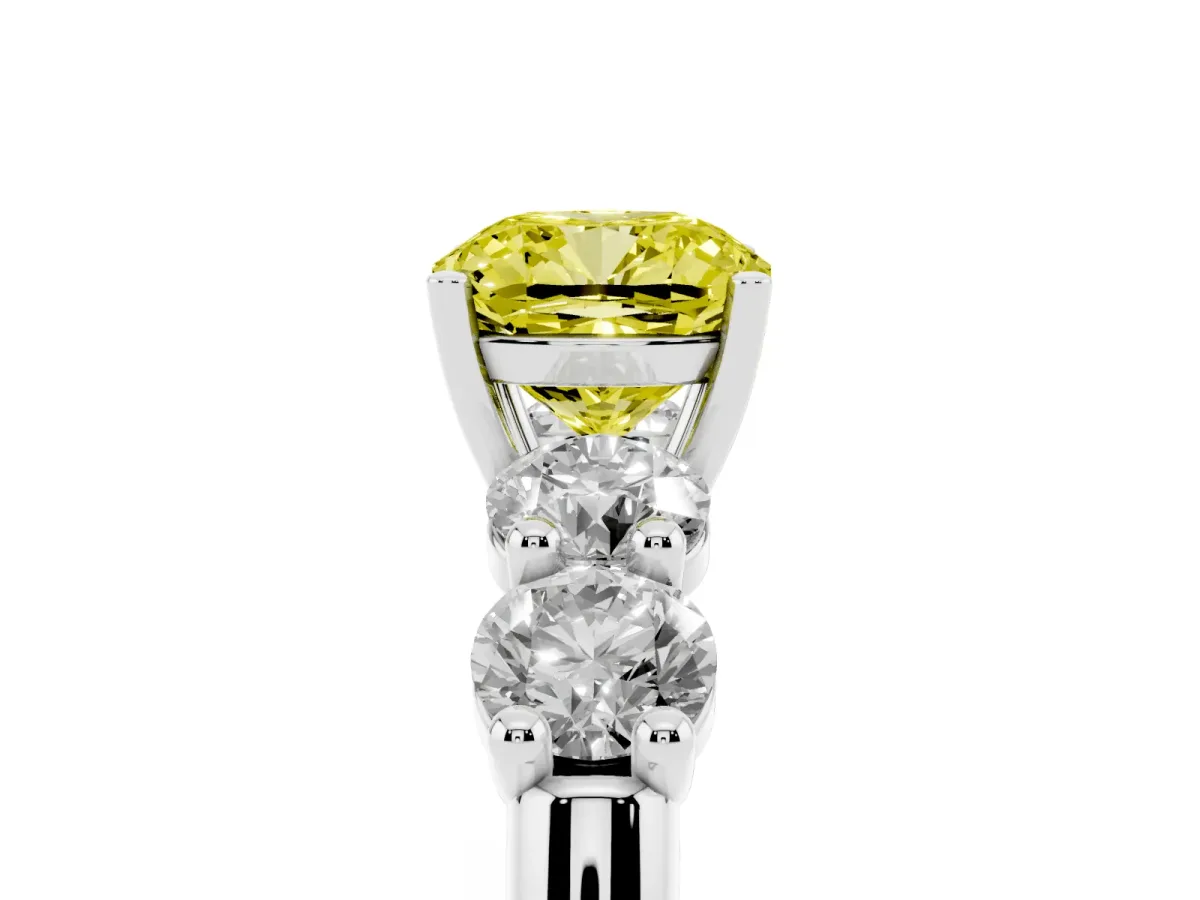 Fancy Yellow Cushion Cut Cut Five-Stone Prong Set Diamond Ring with Classic Band Silver