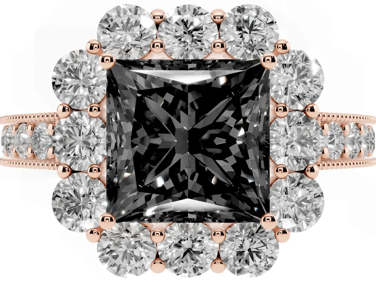 Fancy Black Princess Cut Cut Halo Diamond Pavé Engagement Ring with Milgrain Detailing Rose gold