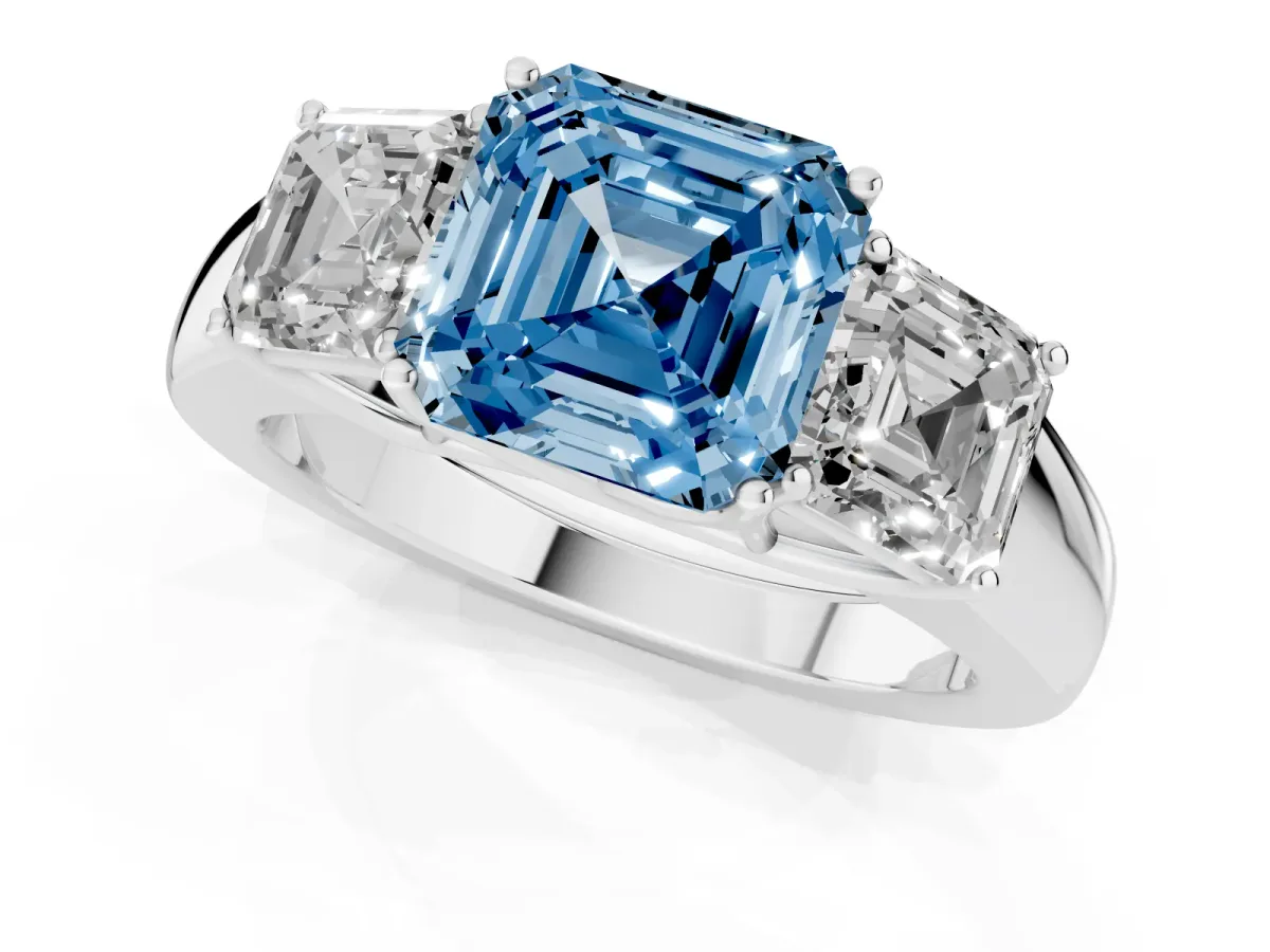 Fancy Blue Three-Stone Asscher Cut Cut Diamond Ring with Prong Setting and Classic Band Platinum