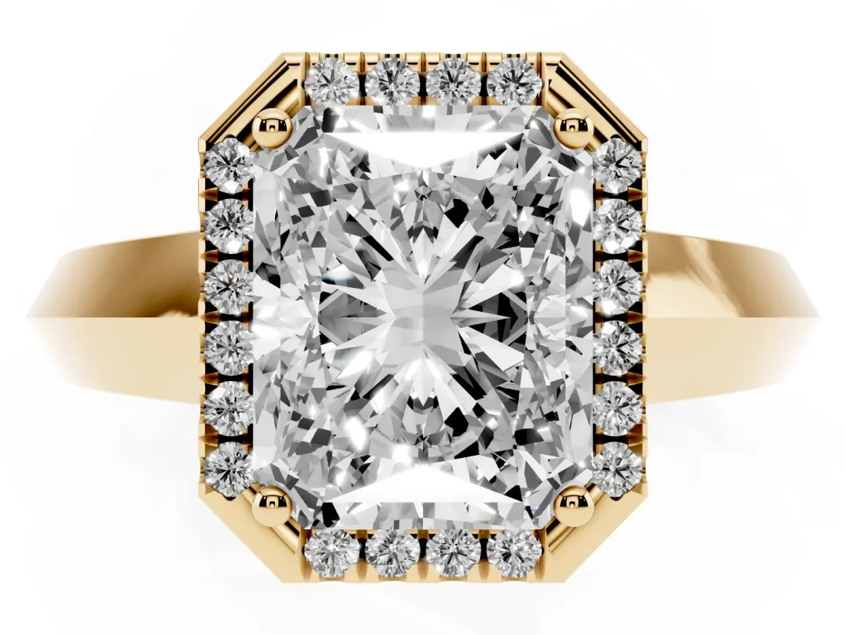 Radiant Cut Halo Diamond Ring with Cathedral Band and Four-Prong Setting Yellow gold