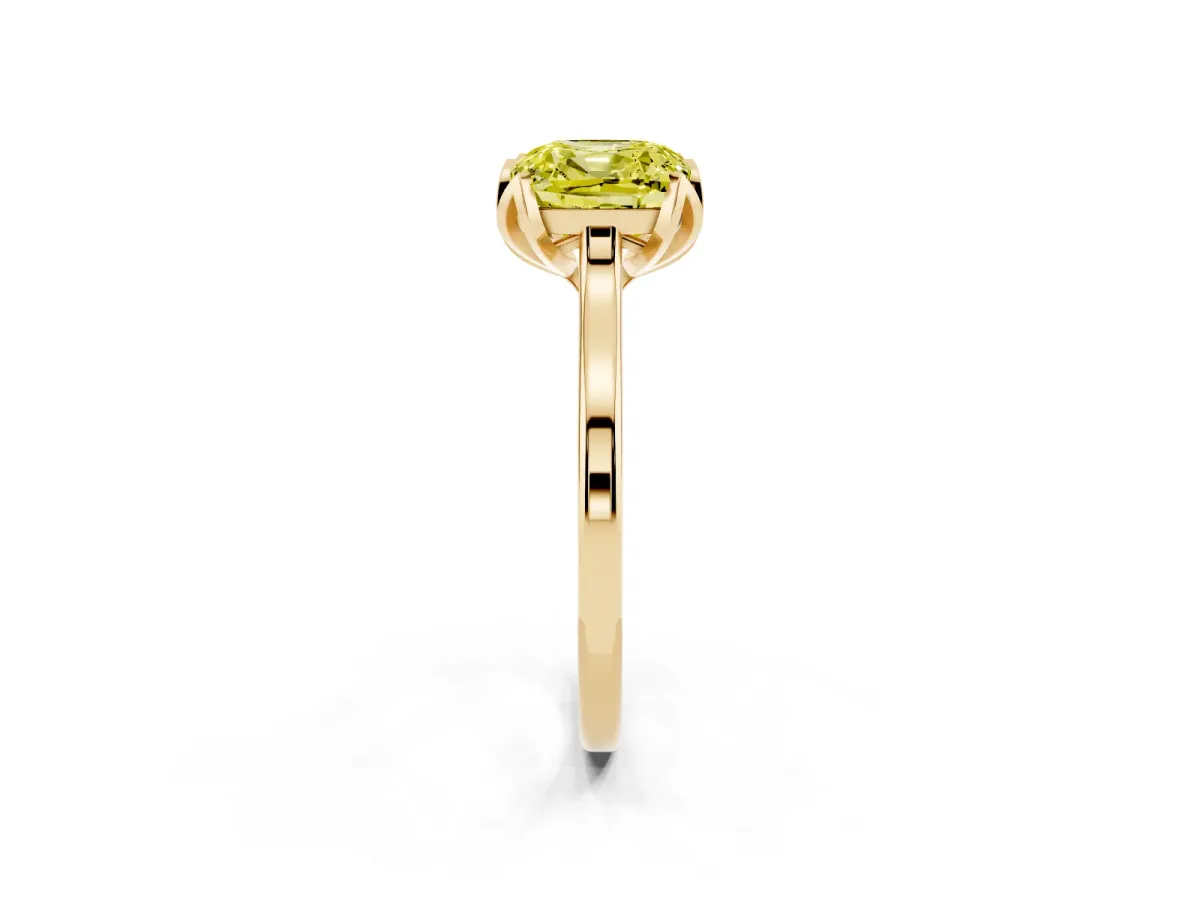 Fancy Yellow Cushion Cut Diamond Solitaire Ring with Flower Prong Setting and Classic Band Yellow gold