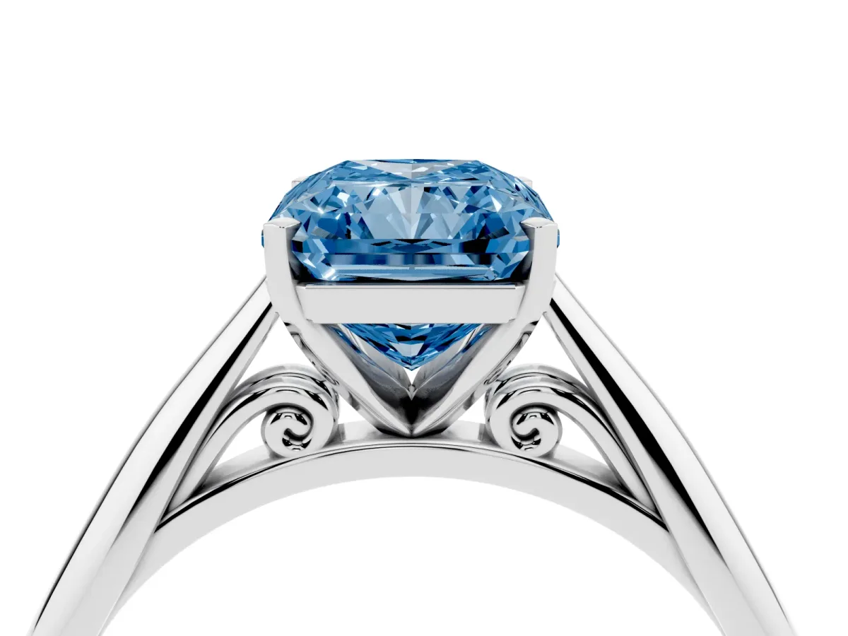 Fancy Blue Radiant Cut Diamond Solitaire Engagement Ring with Cathedral Setting and Four-Prong Mount Silver