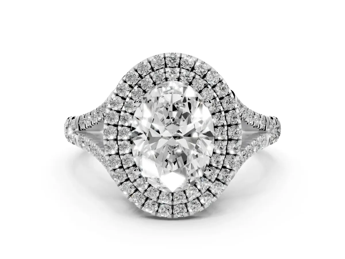 Double Halo Oval Cut Diamond Split Shank Engagement Ring with Four-Prong Setting Silver