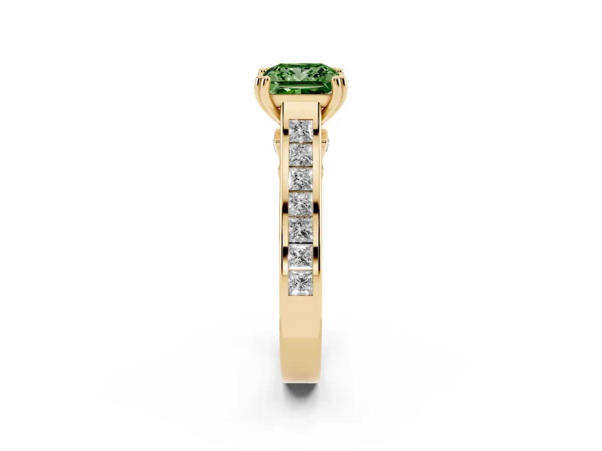 Fancy Green Princess Cut Cut Channel Set Solitaire Engagement Ring with Prong Setting Yellow gold