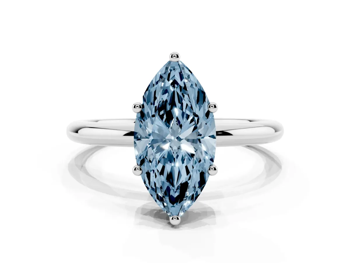 Fancy Blue Marquise Cut Cut Solitaire Engagement Ring with Four-Prong Setting and Classic Band Platinum