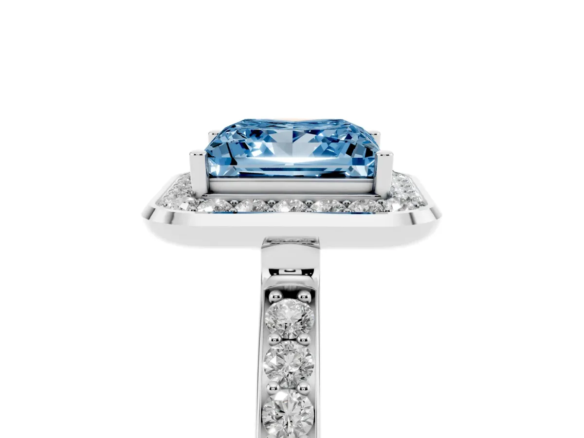 Fancy Blue Princess Cut Diamond Halo Ring with Bezel Frame and Pavé Band Silver