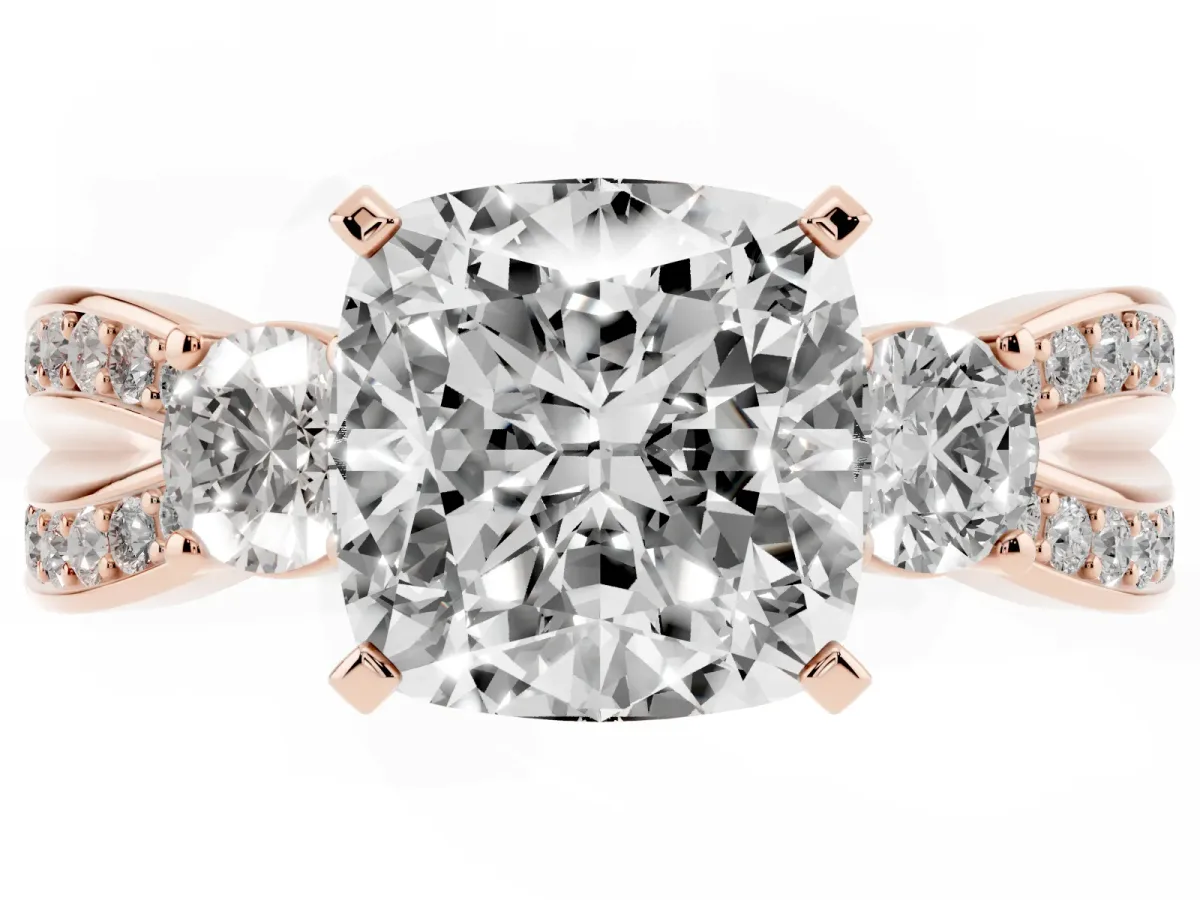 Three-Stone Cushion Cut Cut Diamond Twist Band with Prong Setting Rose gold