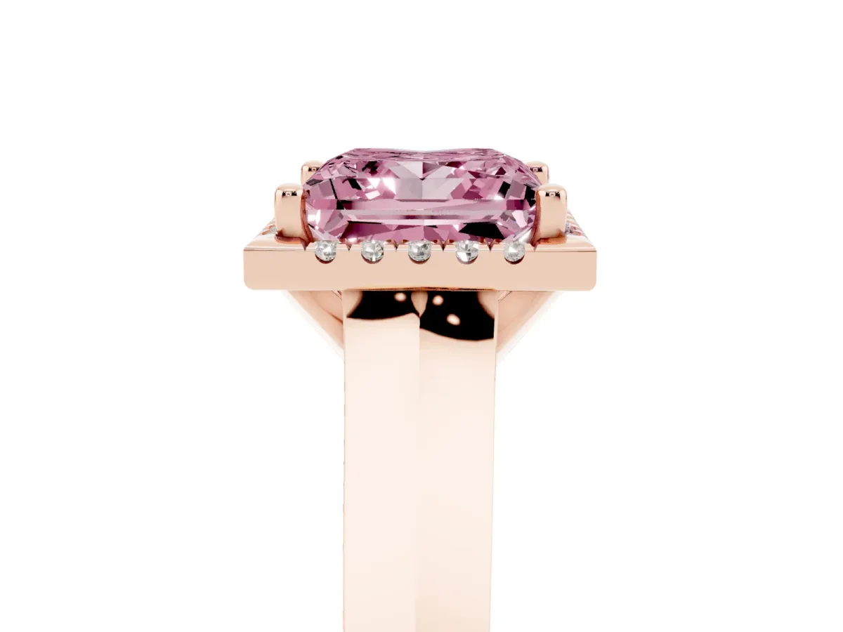 Fancy Pink Princess Cut Halo Diamond Ring with Cathedral Band and Four-Prong Setting Rose gold