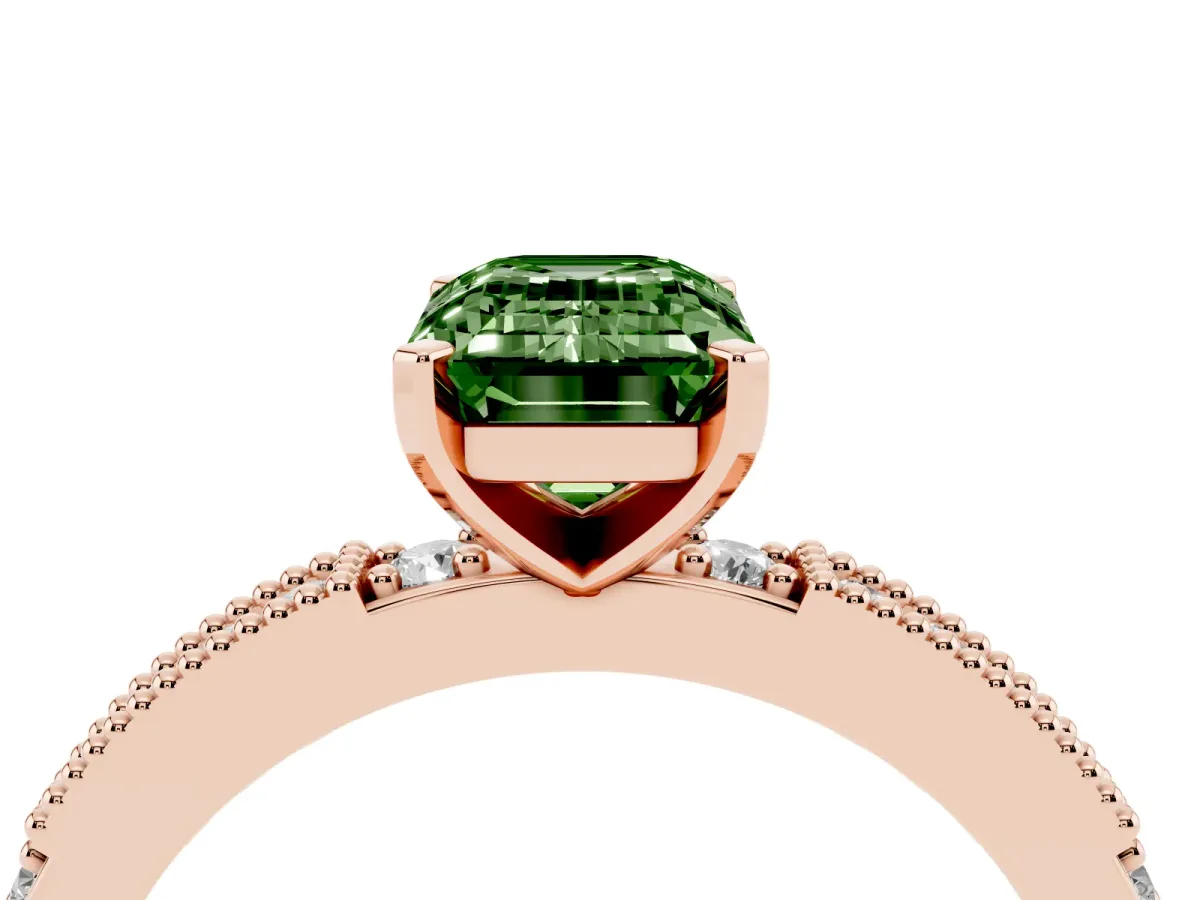 Fancy Green Emerald Cut Solitaire with Pavé Band and Four-Prong Setting Rose gold