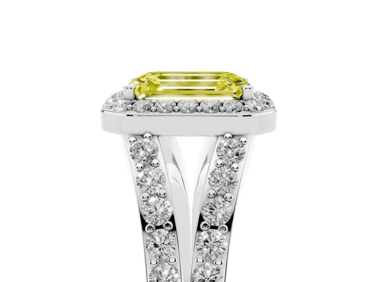 Fancy Yellow Emerald Cut Diamond Split Shank Halo Ring with Four-Prong Setting Silver