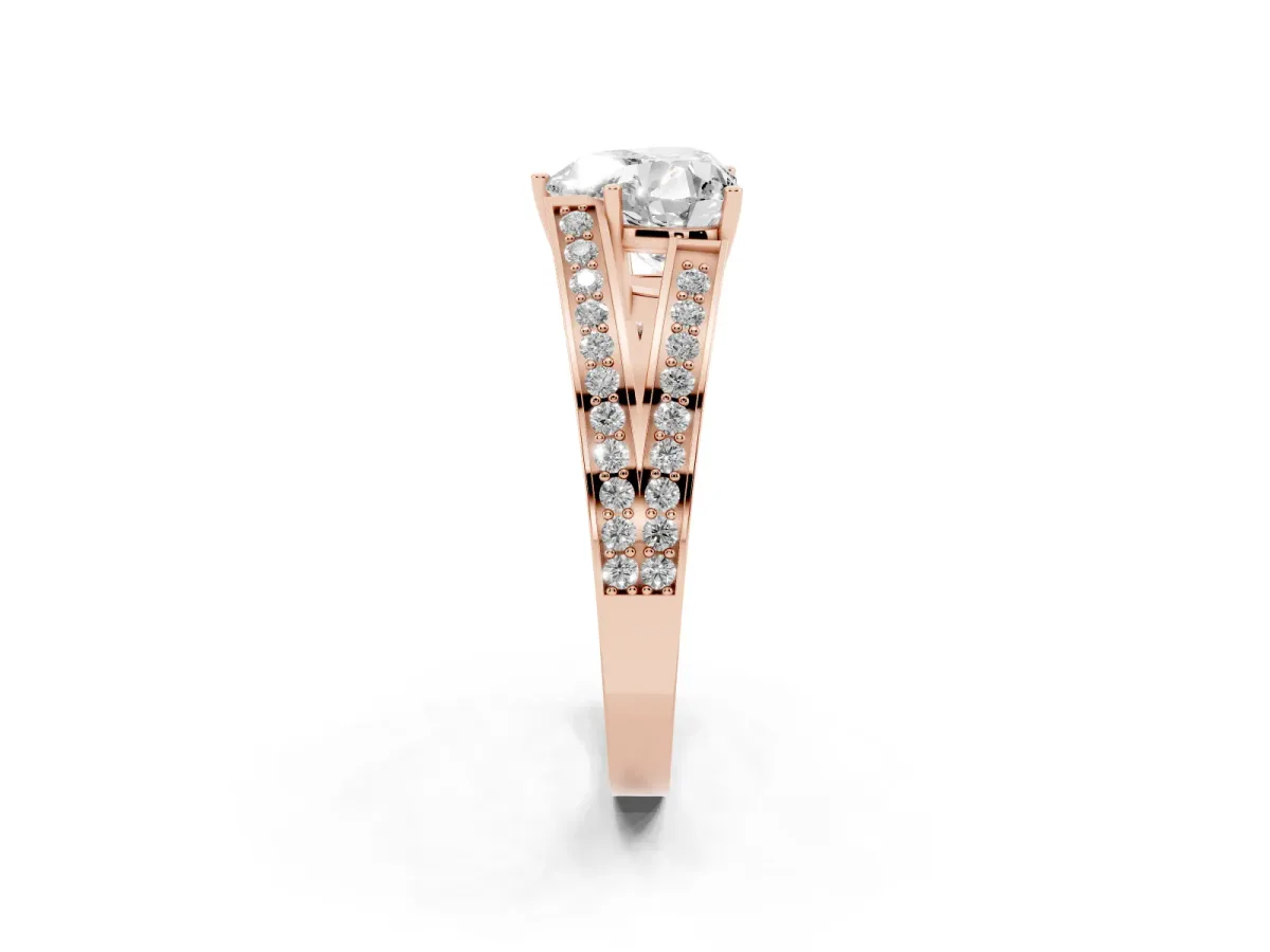 Heart Cut Diamond Split Shank Ring with Pavé Band and Four-Prong Setting Rose gold