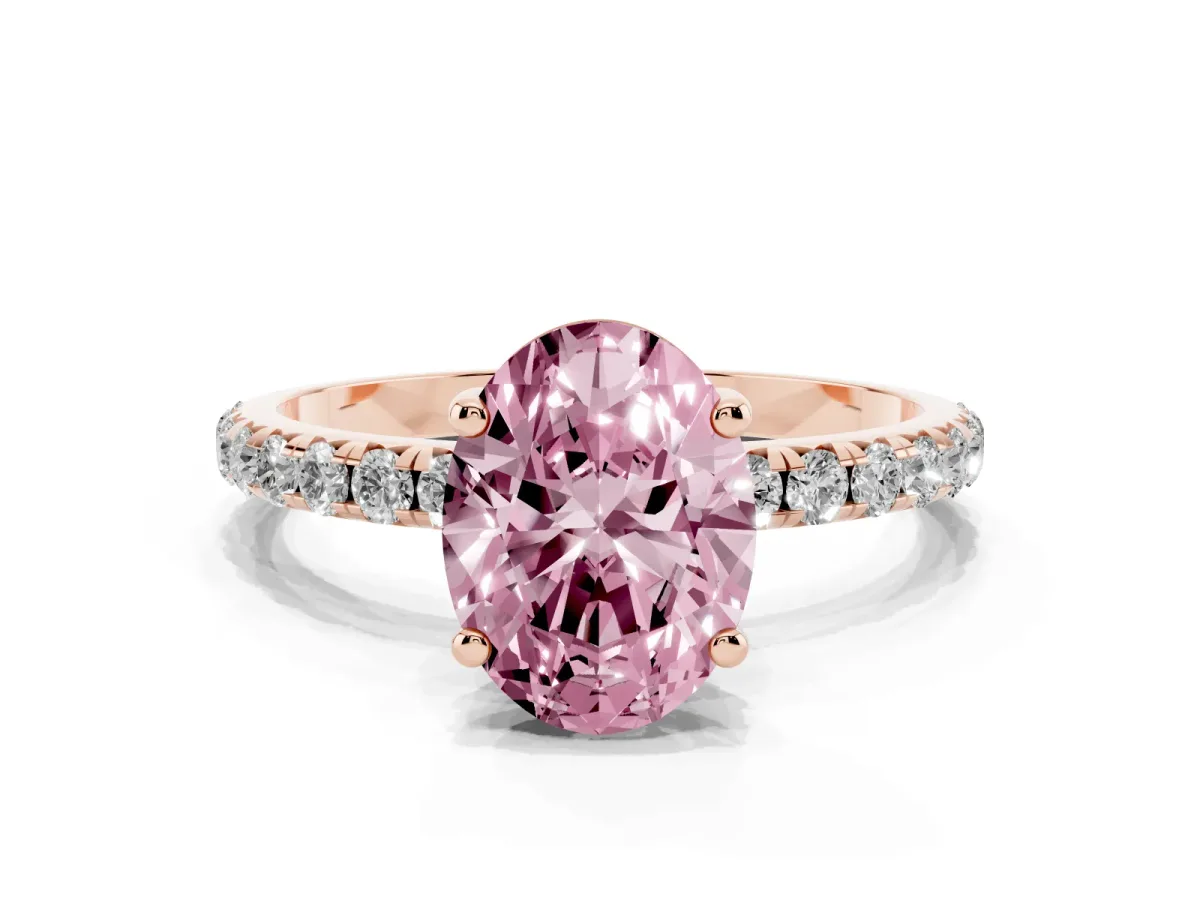 Fancy Pink Oval Cut Cut Diamond Solitaire Ring with Micro Pave Band and Four Prong Setting Rose gold