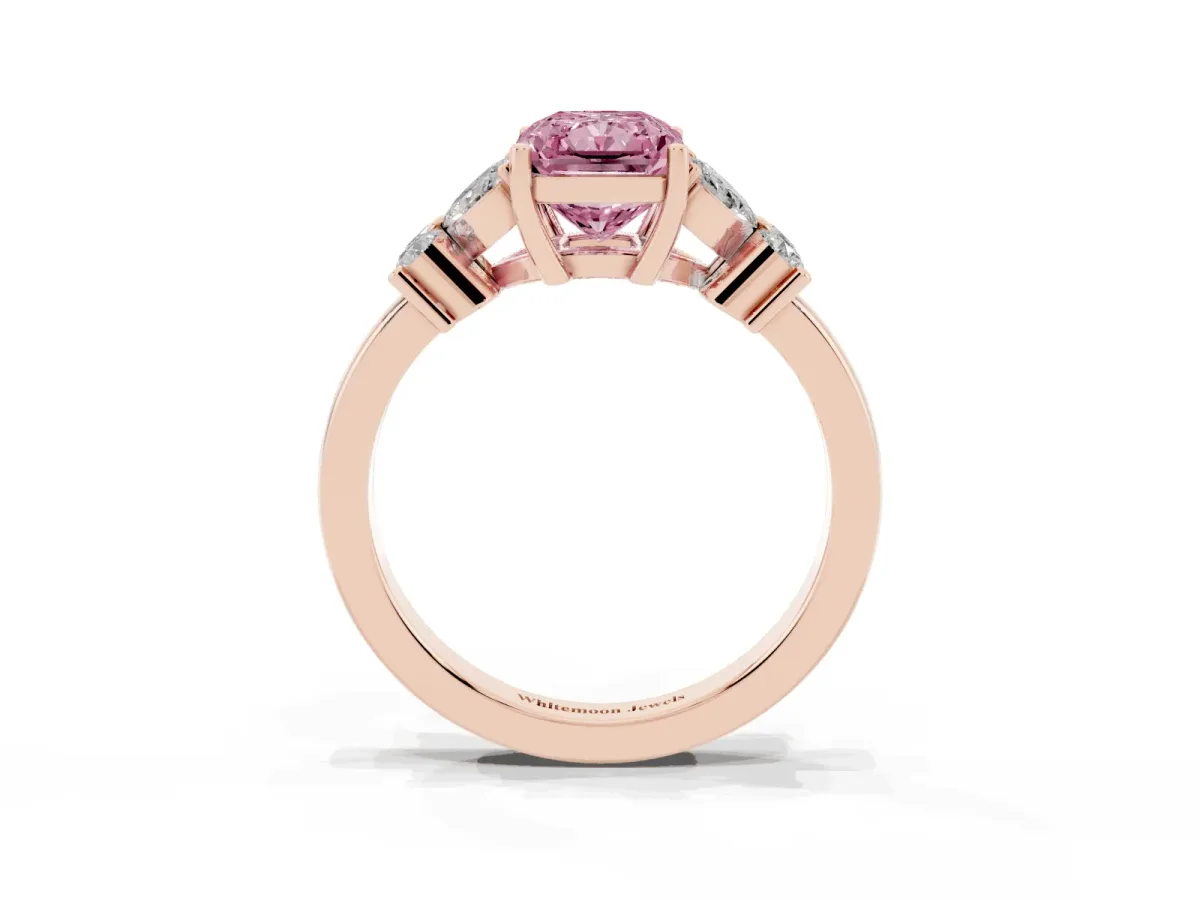 Fancy Pink Radiant Cut Diamond Floral Cluster Ring with Solitaire Band and Prong Setting Rose gold