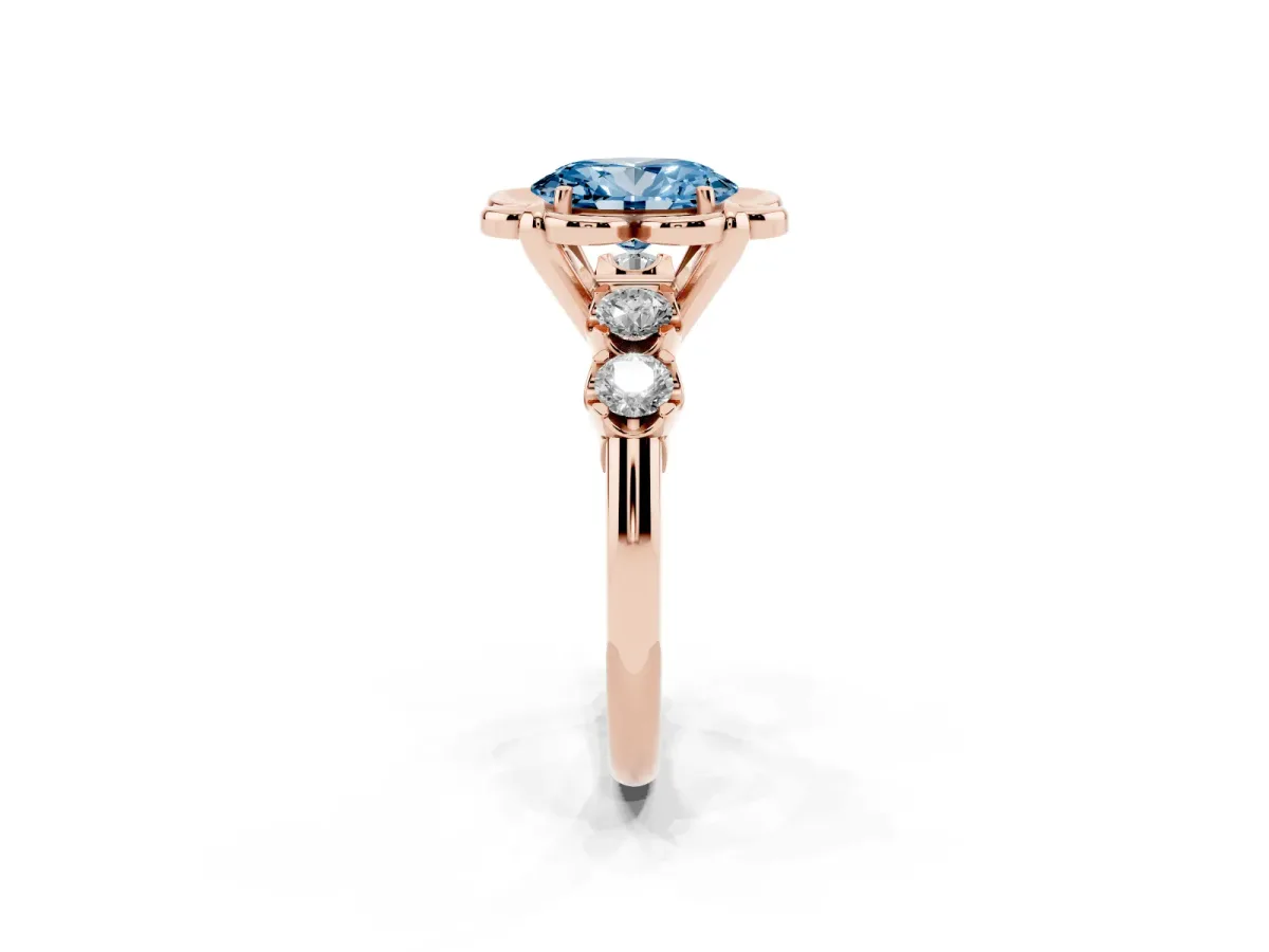 Fancy Blue Oval Cut Cut Diamond Floral Halo Engagement Ring with Shared Prong Setting Rose gold