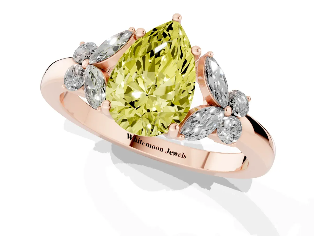 Fancy Yellow Pear Cut Cut Solitaire Floral Diamond Ring with Four-Prong Setting Rose gold