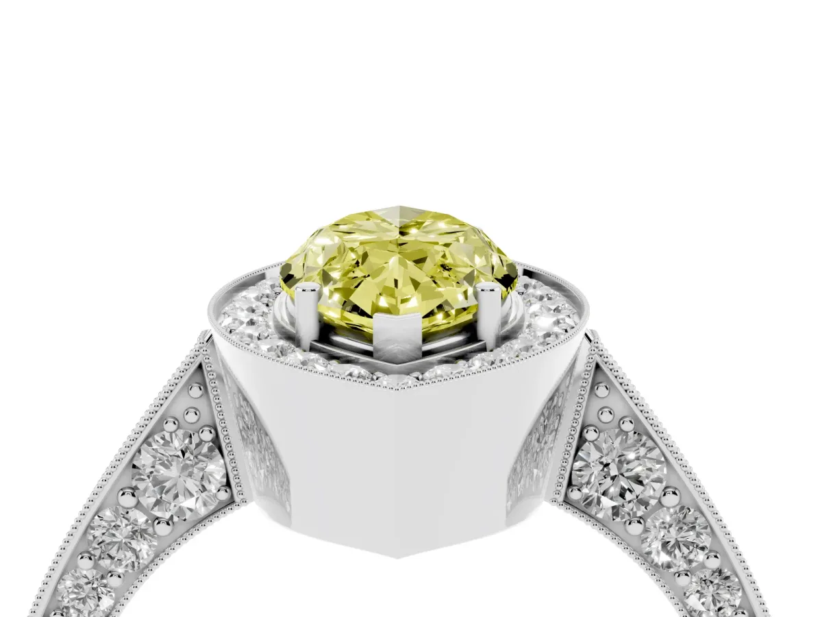 Fancy Yellow Marquise Cut Halo Diamond Engagement Ring with Split Shank Band and Four-Prong Setting Platinum