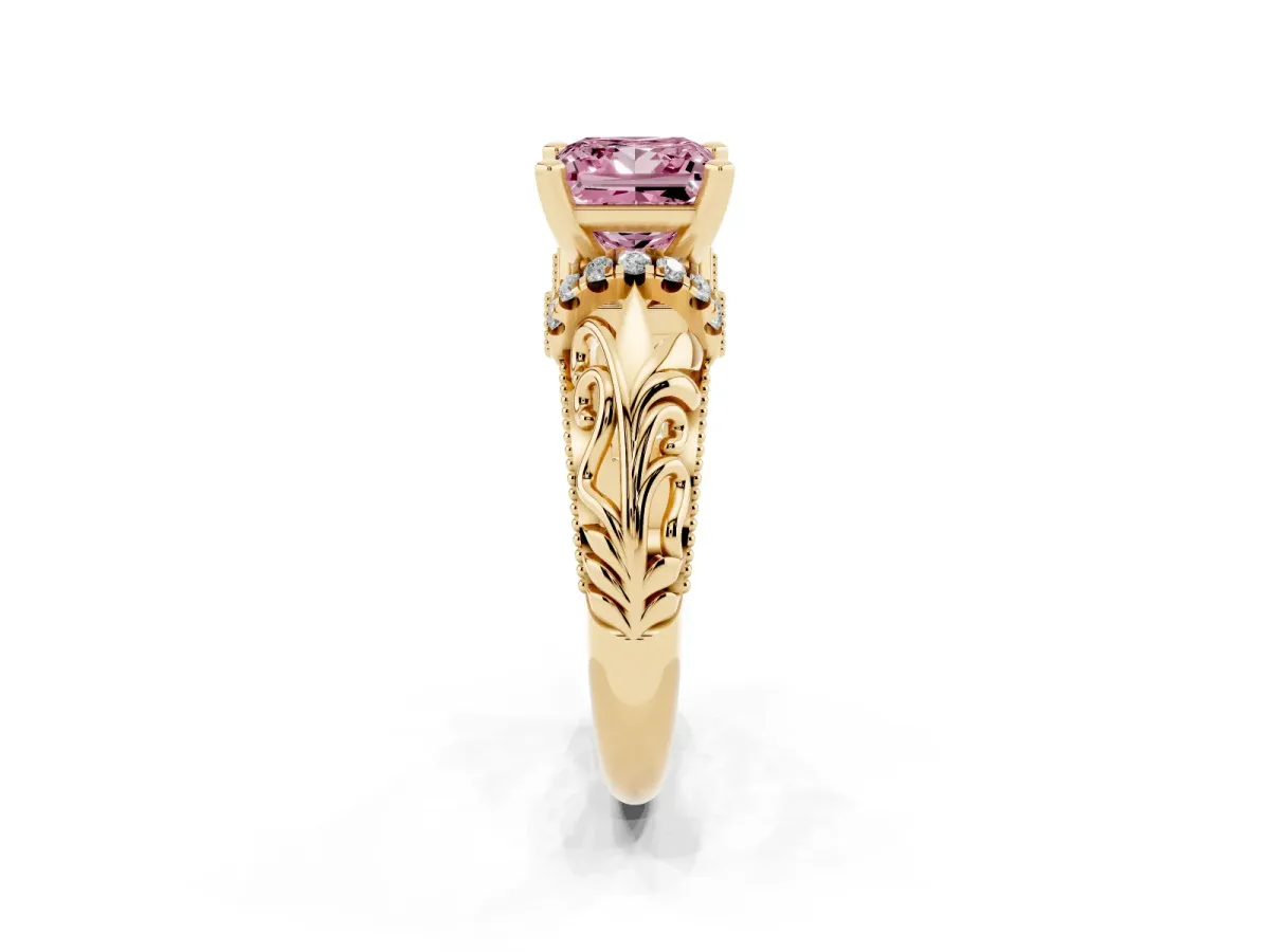 Fancy Pink Princess Cut Solitaire Filigree Engagement Ring with Halo and Prong Setting Yellow gold