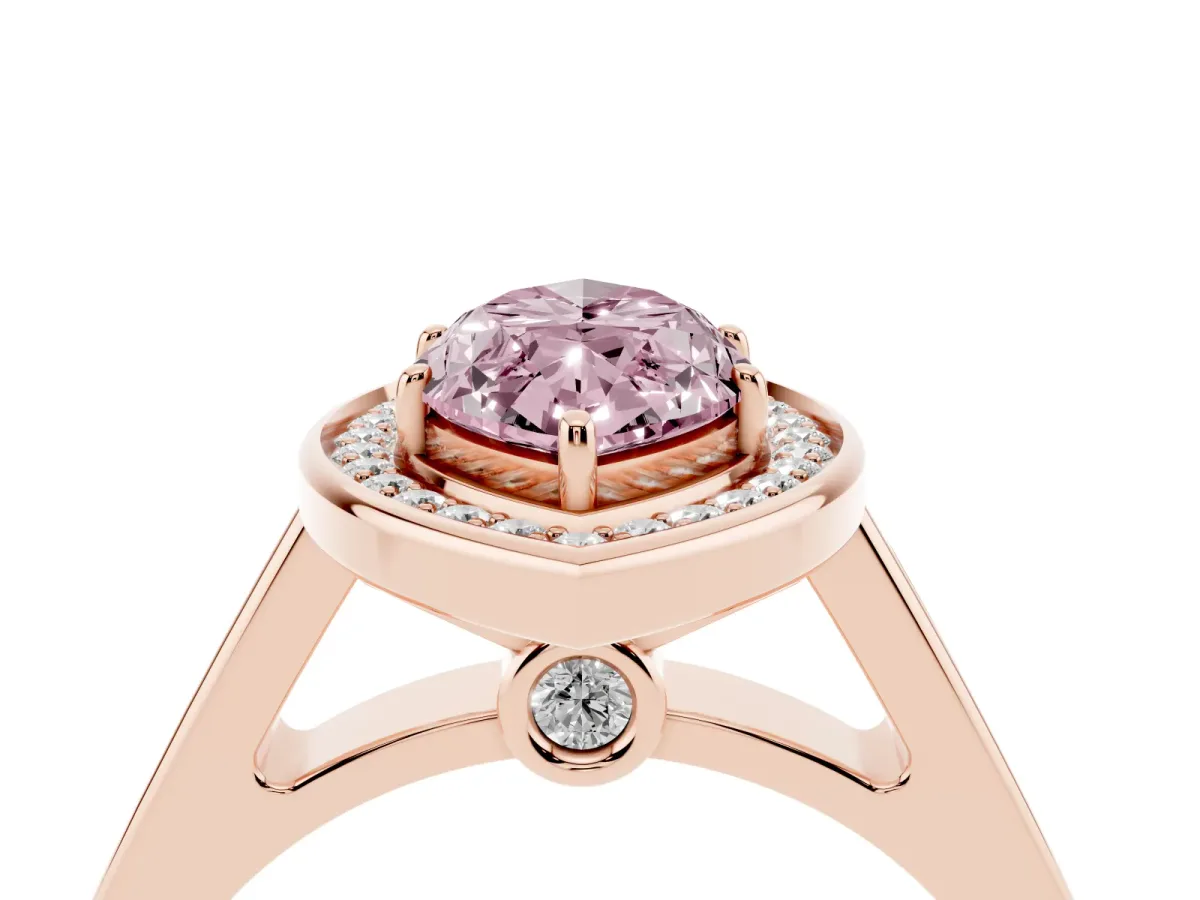Fancy Pink Marquise Cut Halo Solitaire Diamond Ring with Pave Band and Bezel Setting Rose gold