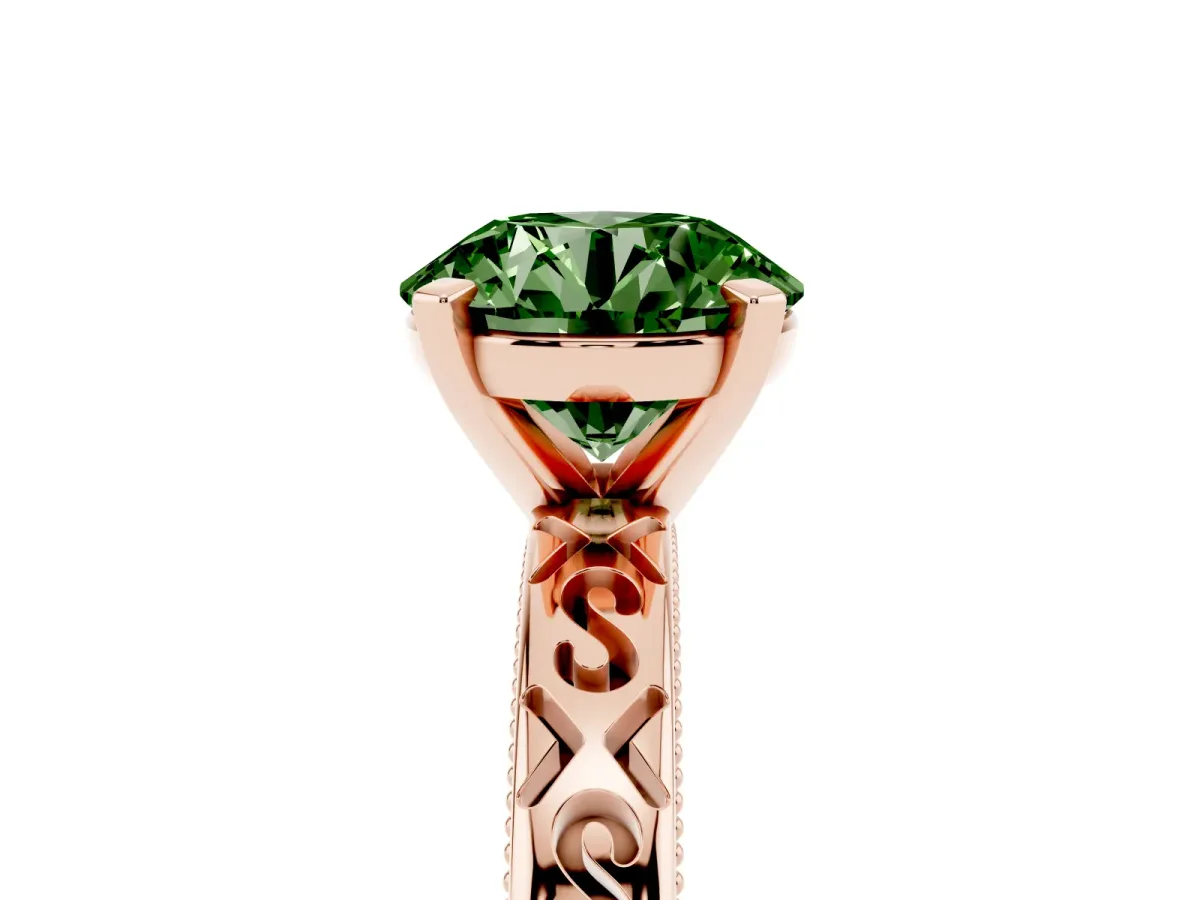 Fancy Green Round Cut Solitaire Engagement Ring with Scrollwork Band and Four-Prong Setting Rose gold