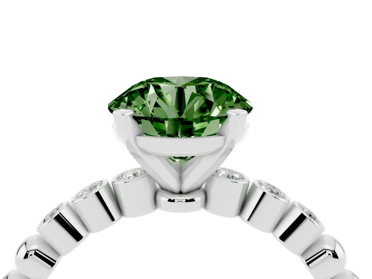 Fancy Green Round Cut Solitaire Bezel Accent Diamond Engagement Ring with Beaded Band and Four-Prong Setting Silver
