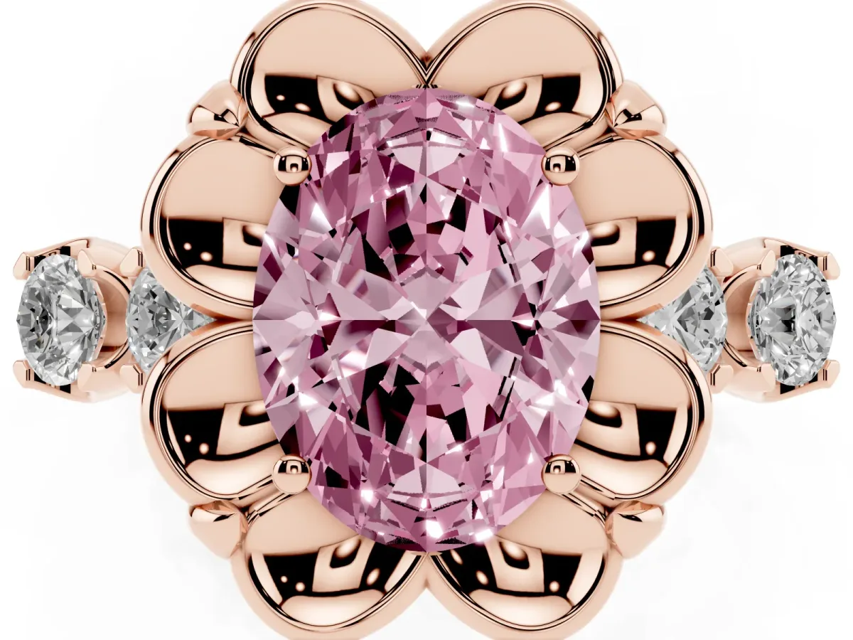 Fancy Pink Oval Cut Cut Diamond Floral Halo Engagement Ring with Shared Prong Setting Rose gold