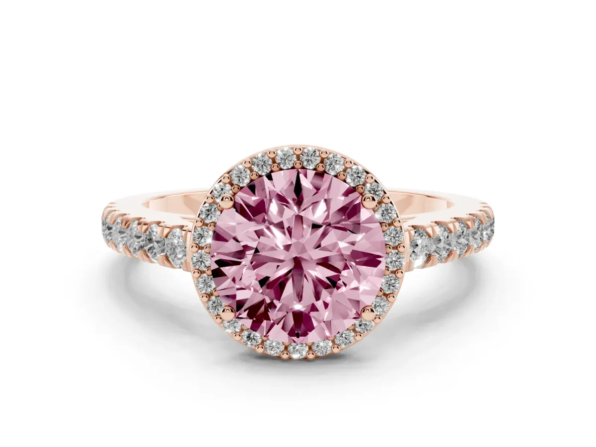 Fancy Pink Round Cut Cut Halo Diamond Engagement Ring with Pave Band and Four-Prong Setting Rose gold