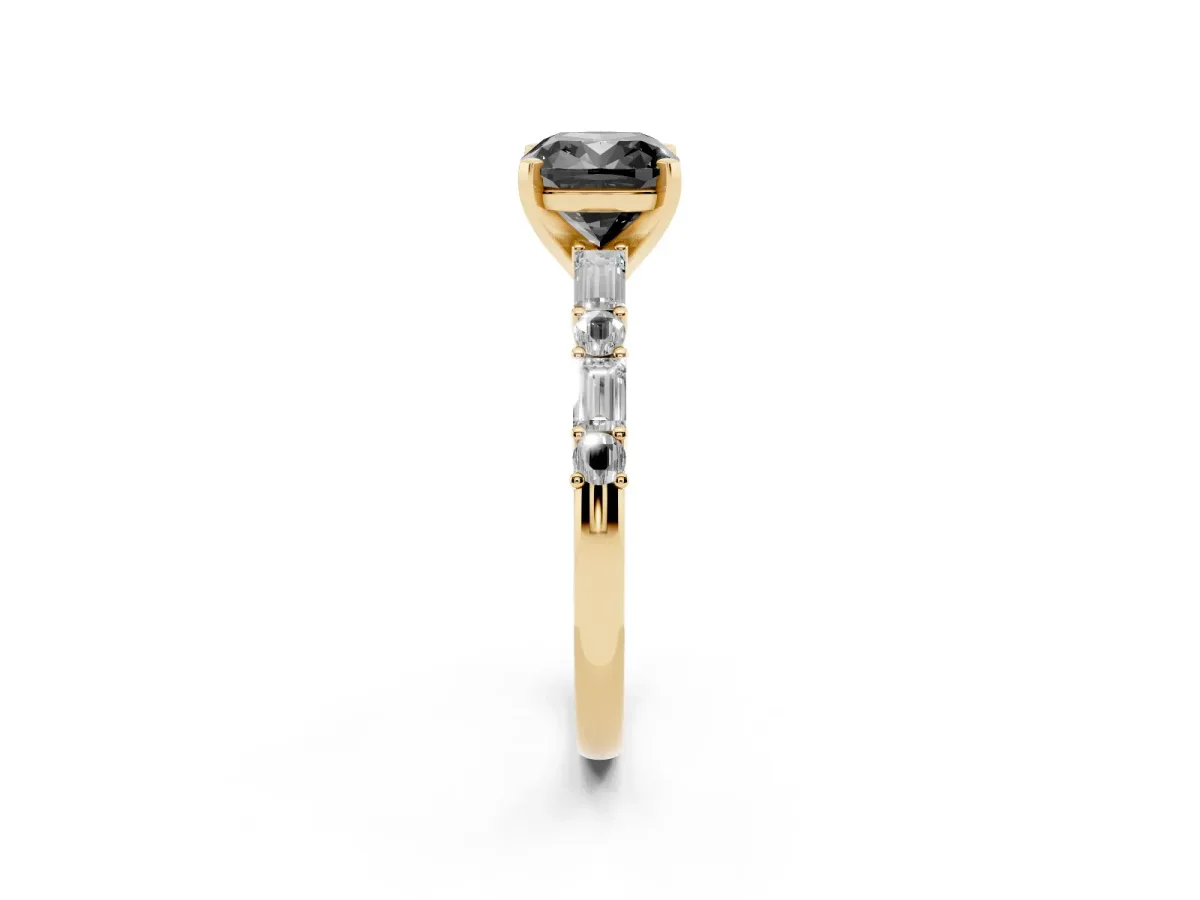 Fancy Black Cushion Cut Diamond Solitaire with Side Baguettes and Channel Set Band Yellow gold