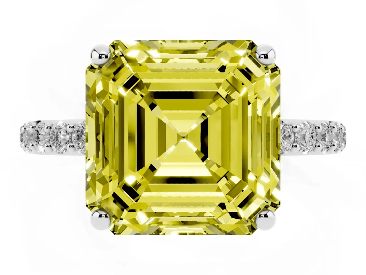 Fancy Yellow Asscher Cut Diamond Solitaire Ring with Round Pavé Band and Prong Setting Silver