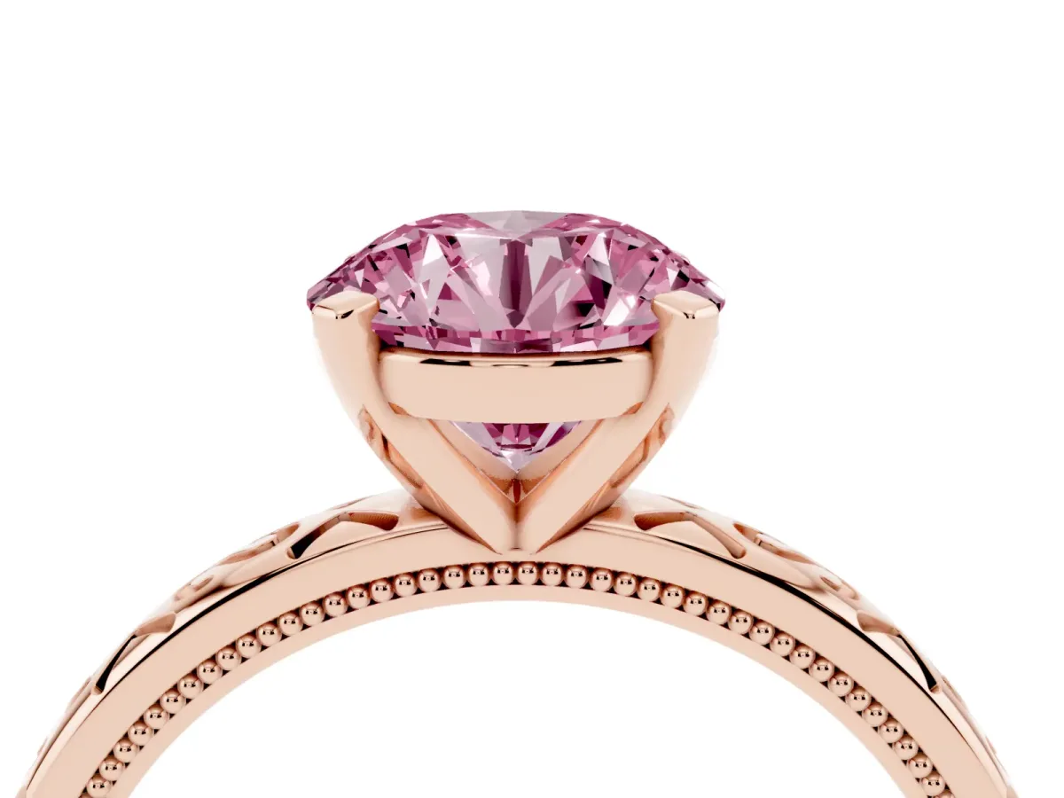 Fancy Pink Round Cut Solitaire Engagement Ring with Scrollwork Band and Four-Prong Setting Rose gold