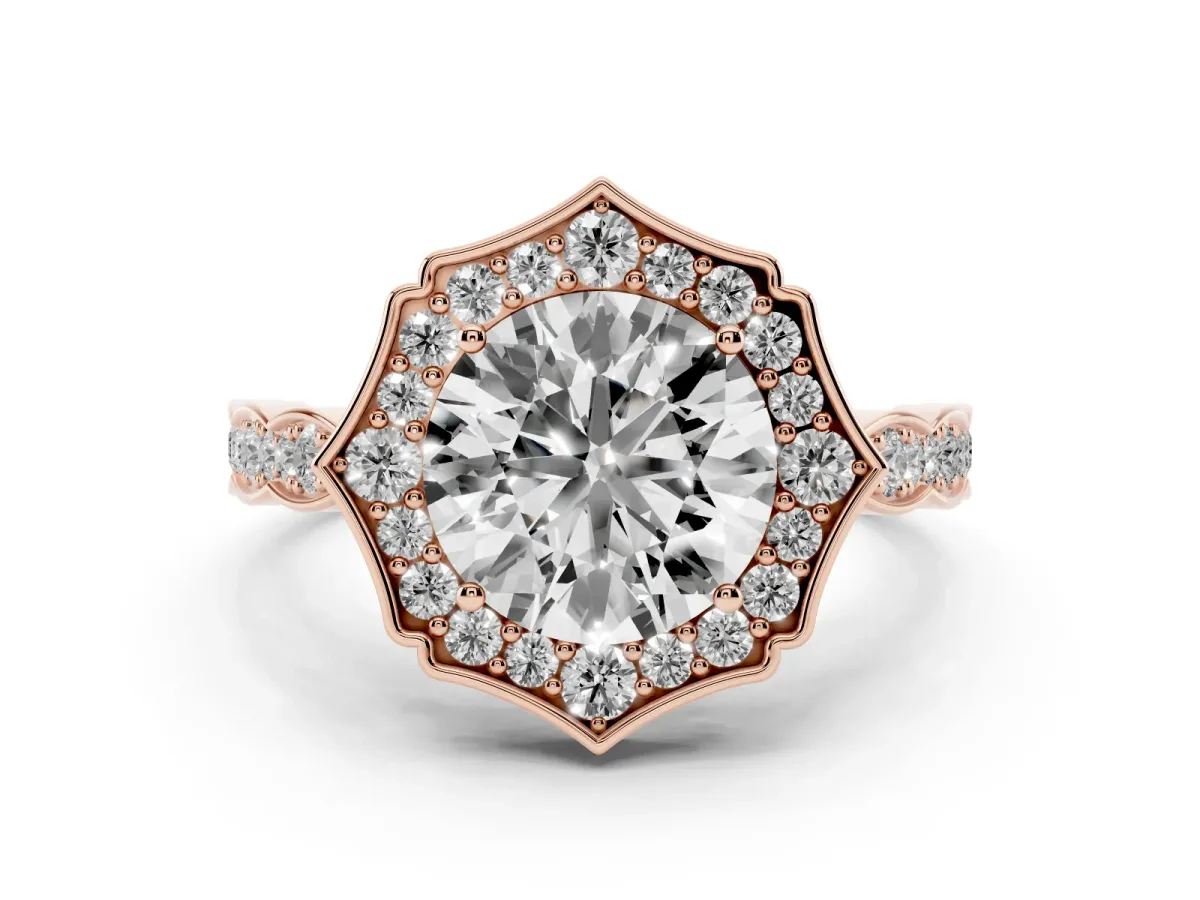 Round Cut Halo Diamond Engagement Ring with Milgrain Band and Four-Prong Setting Rose gold