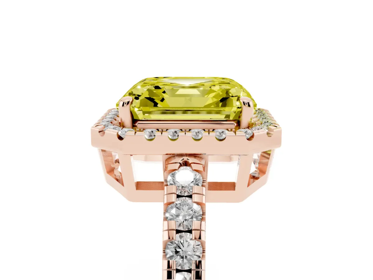 Fancy Yellow Asscher Cut Diamond Halo Ring with Pavé Band and Four-Prong Setting Rose gold