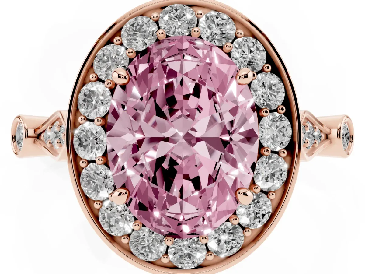 Fancy Pink Oval Cut Halo Diamond Engagement Ring with Twisted Band and Four-Prong Setting Rose gold