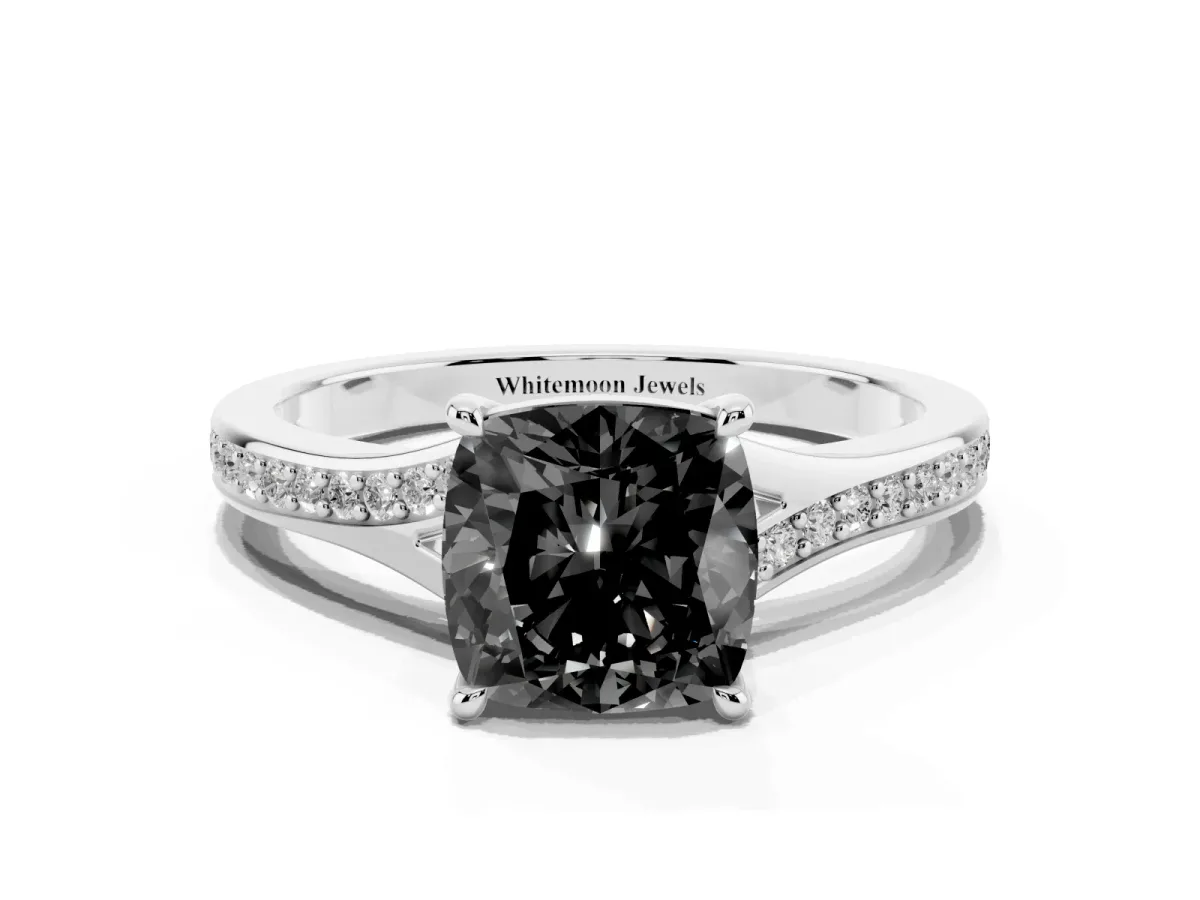 Fancy Black Cushion Cut Diamond Solitaire Ring with Pavé Band and Prong Setting Silver