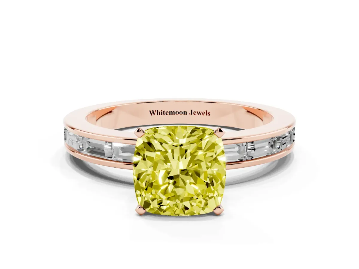 Fancy Yellow Cushion Cut Solitaire Diamond Ring with Channel-Set Baguette Band and Four-Prong Setting Rose gold