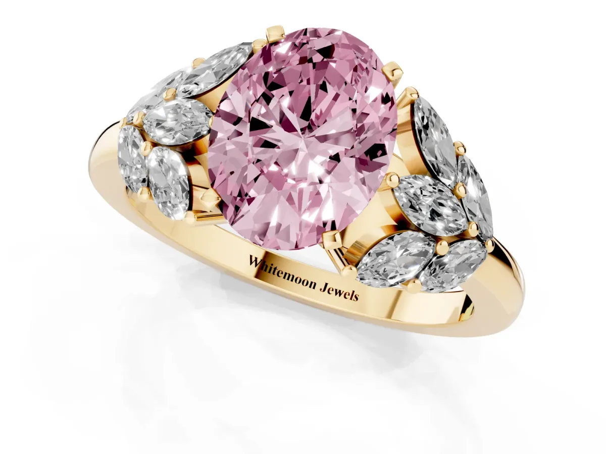 Fancy Pink Oval Cut Diamond Cluster Leaf Design Ring with Prong Setting Yellow gold