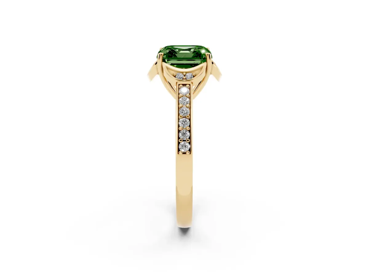 Fancy Green Asscher Cut Cut Halo Diamond Ring with Channel Set Band and Four-Prong Setting Yellow gold