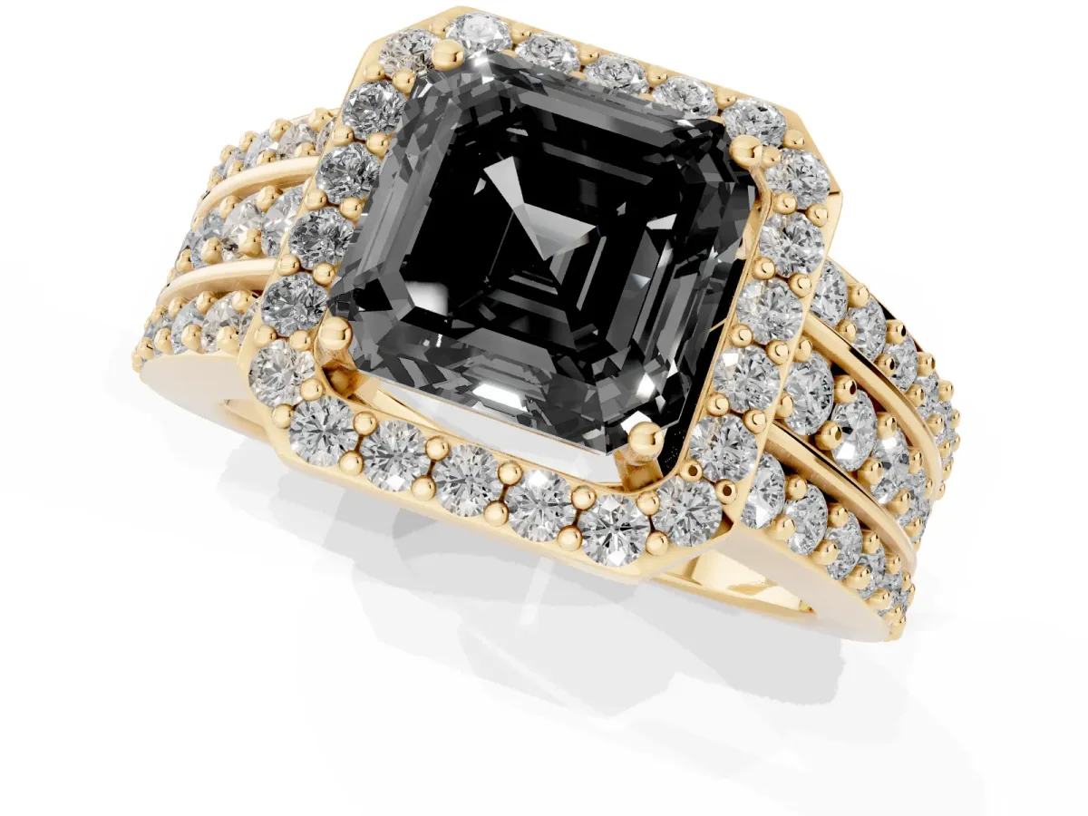 Fancy Black Asscher Cut Halo Diamond Ring with Round Split Shank and Prong Setting Yellow gold