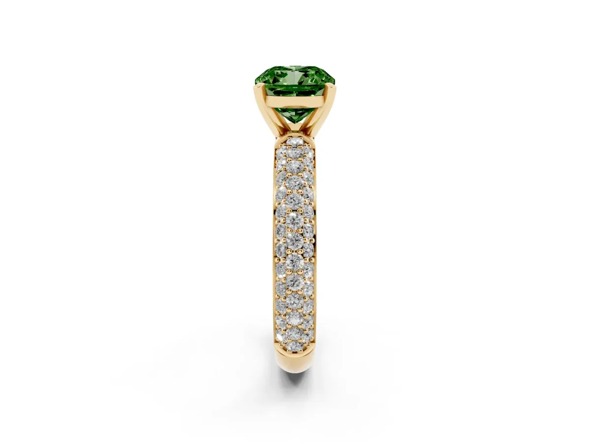 Fancy Green Cushion Cut Diamond Solitaire Ring with Prong Setting and Pavé Band Yellow gold
