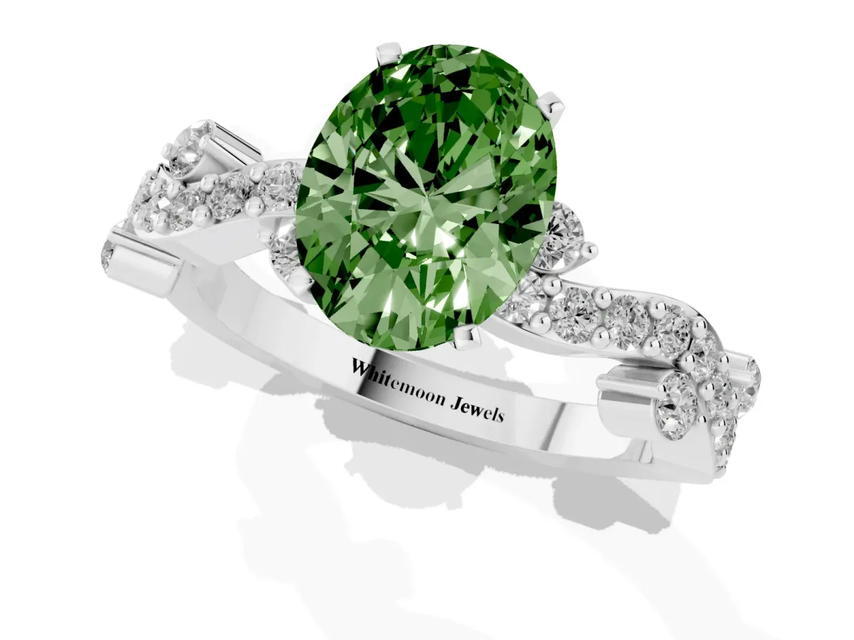 Fancy Green Oval Cut Cut Solitaire Diamond Twisted Band with Pave Setting Platinum